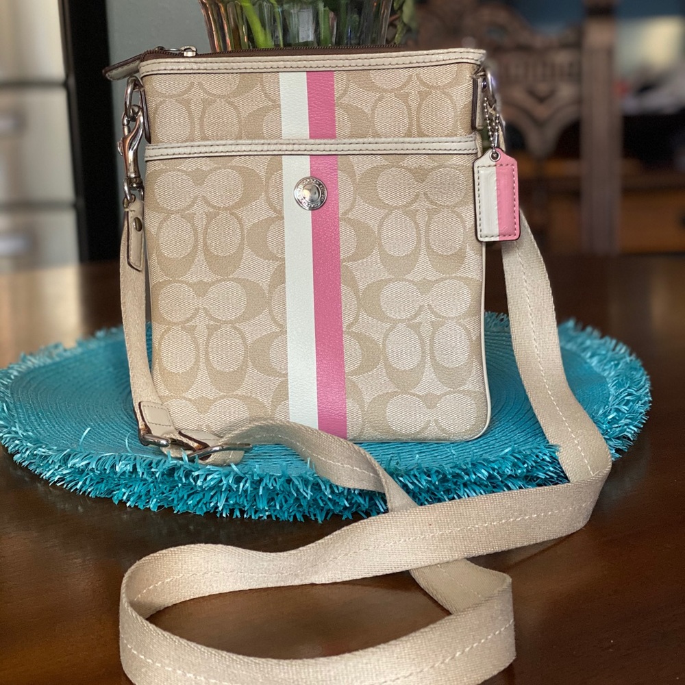Coach crossbody monogram with pink & white stripe